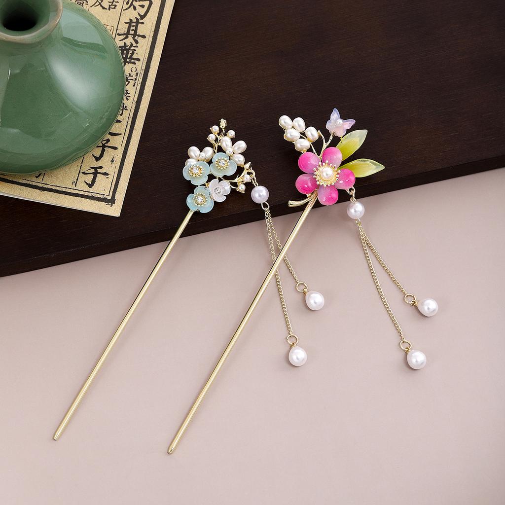 New Chinese Leaf Tassel Tassel Ancient Style Hairpin Simple Court Style Flower Butterfly Pearl Hanfu Hairpin Female