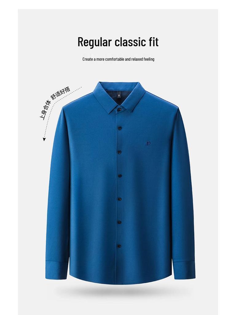 Pierre Cardin Men's Long Sleeve Mulberry Silk Shirt - Iron-Free, Plus Velvet, High-End Business Casual for Autumn/Winter