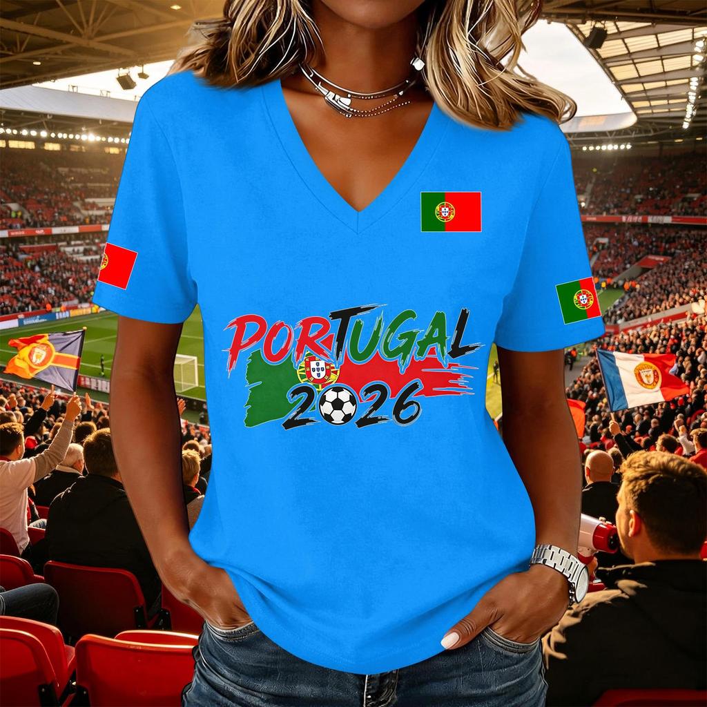 Women's Casual V Neck Short Sleeve Pullover Top with Soccer Flag Print Portugal 2026 Support Shirt for Fans and Sports Events