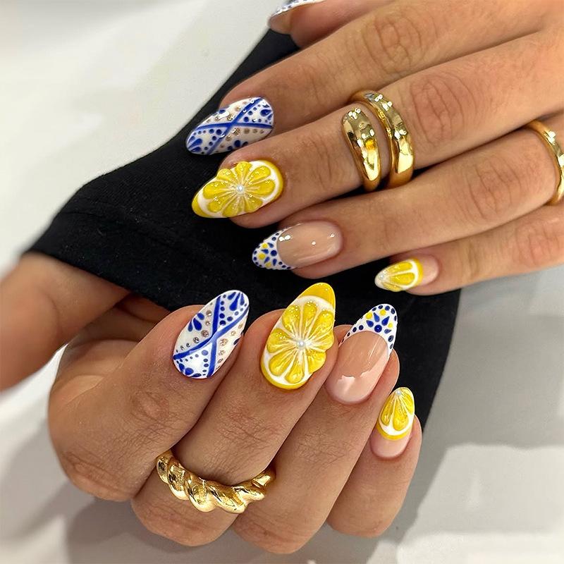 24PCS Cartoon Apple Almond False Nails Fresh Green Fruit French French Sweet Star Plaid Patterns Press on Nails Wearable Ins Tip