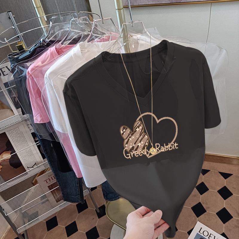 

Женская футболка с коротким рукавом розовая с V-образным вырезом свободного кроя из хлопка 2025 3XL