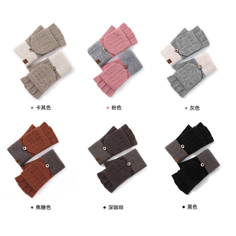 Half Finger Flip Gloves Knitted Winter Ladies Cute Fleece Outdoor Cold Warm Office Student Finger Gloves