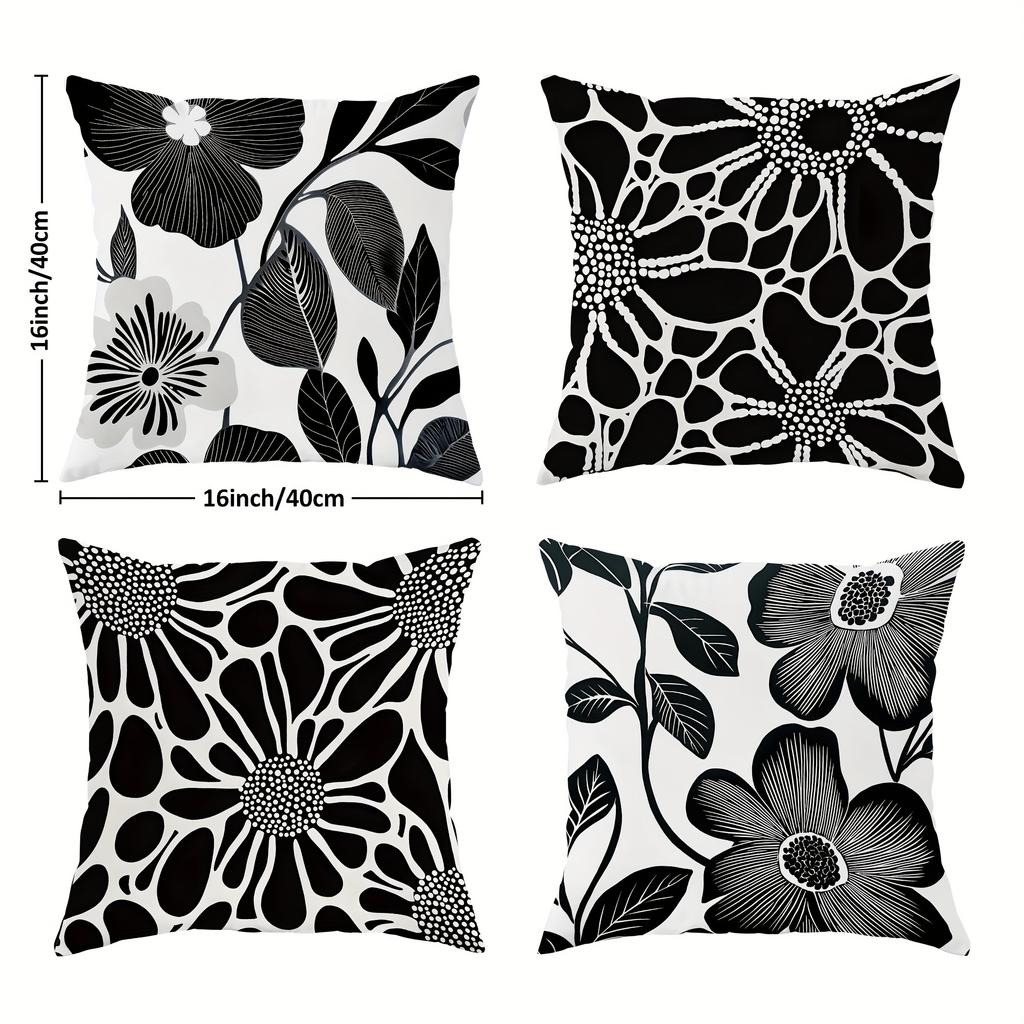 4 Stück Blumen-Kissenbezüge - Modernes Botanisches Dekor Mit Reißverschluss, Weiche Polyester-Kissenbezüge In Schwarz & Grau Für Wohnzimmer