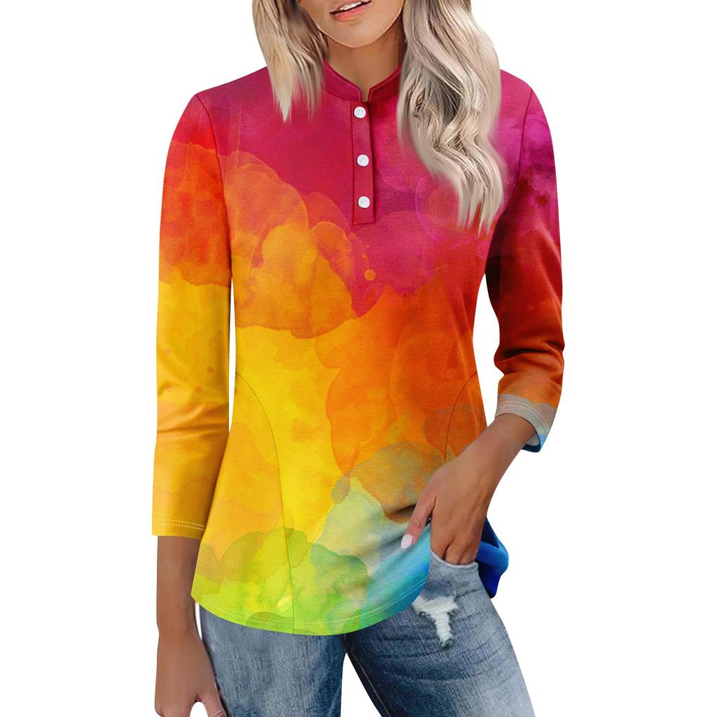 Haut T-shirt Décontracté pour Femme à Imprimé Floral, Col en V, Manches 3/4, Bouton Décoratif