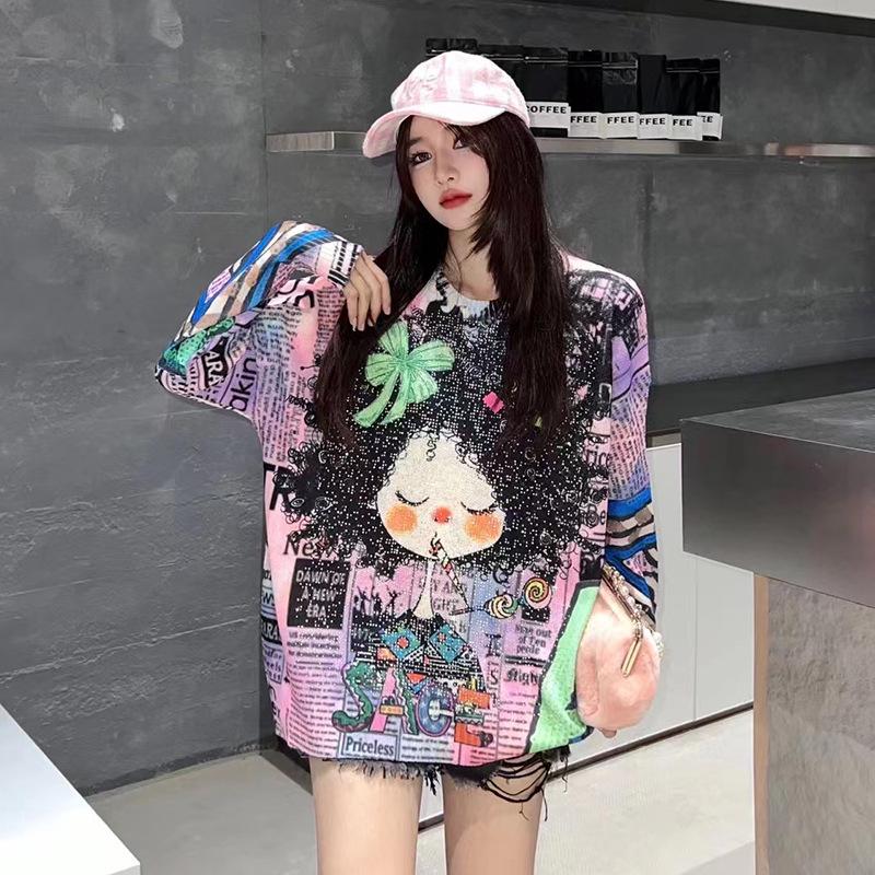 Women's Cartoon Rhinestone Long Sleeve Sweater - Chic Korean Style Loose Knit Round Neck Top for Autumn/Winter