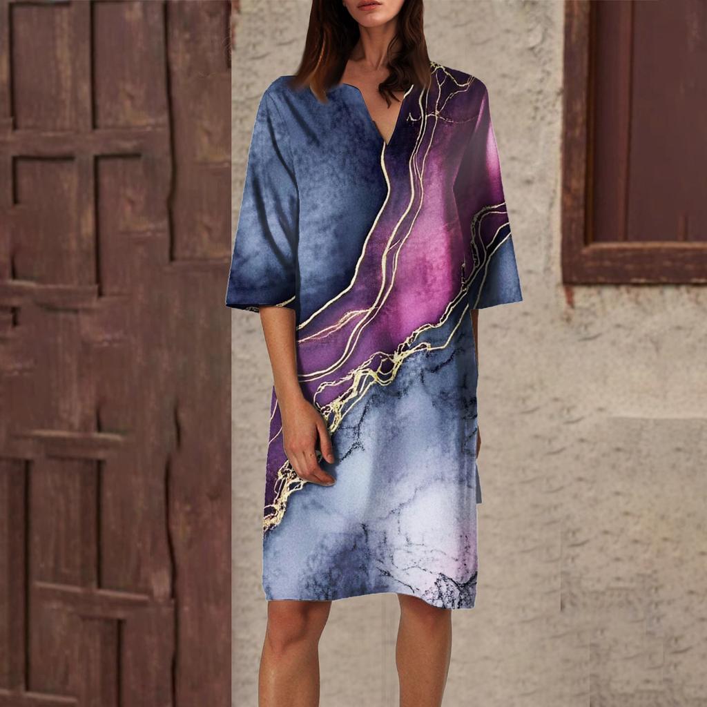Women's Summer Retro Floral Print V-Neck Half Sleeve Dress Lightweight Breathable Dress