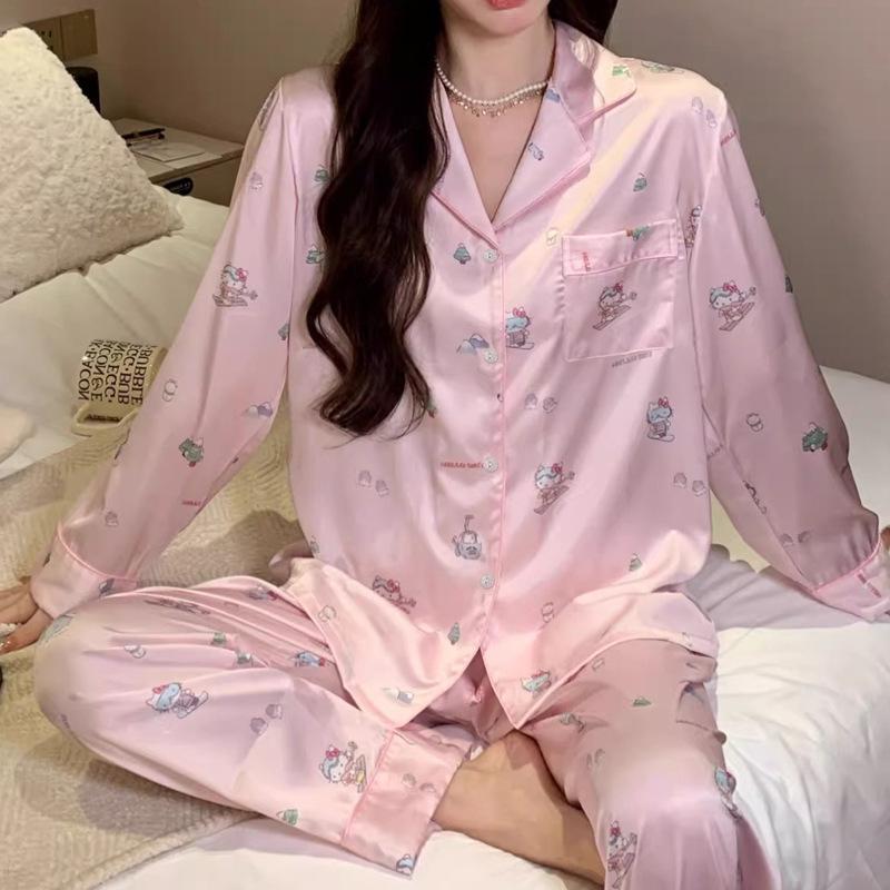 Ice Silk Long-Sleeved Women'S Pajamas Cute Cartoon High-End Silk Loungewear Two-Piece Set