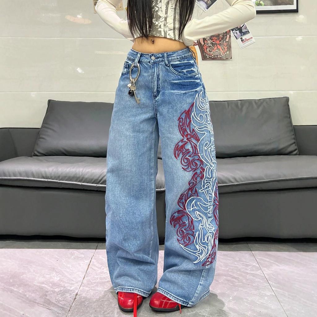 European and American red and white dragon pattern totem embroidery wide-leg jeans washed high-waisted straight loose floor pants men and women
