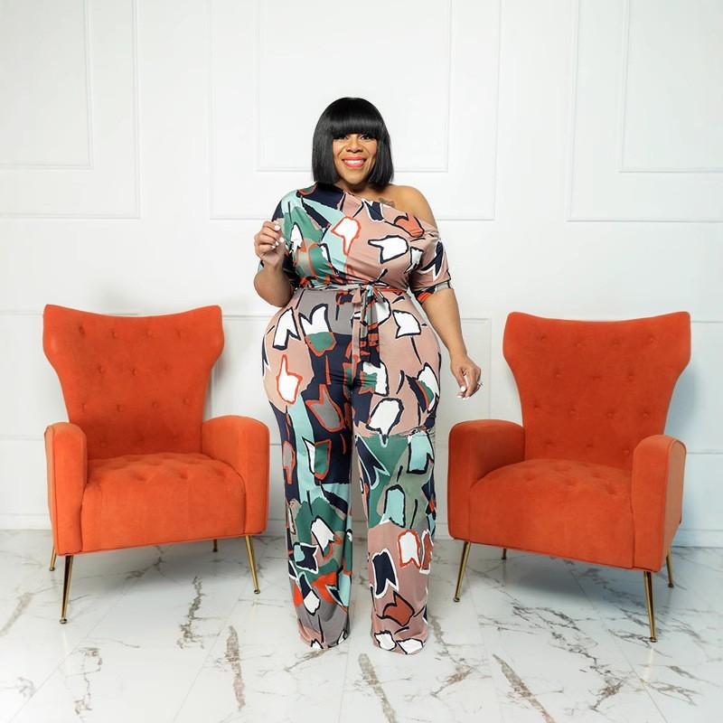 MY902 Plus Size Womens Off-Shoulder Printed Jumpsuit With Belt 2025 Knit Romper In Orange Beige Lavender Yellow Blue 1XL5XL
