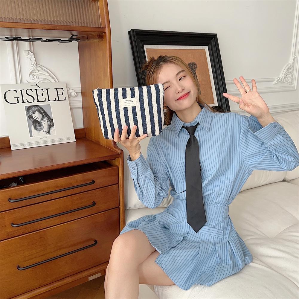 Large Capacity Fresh Striped Women's Toiletry Bag - Portable, Simple Handheld Cosmetic Organizer