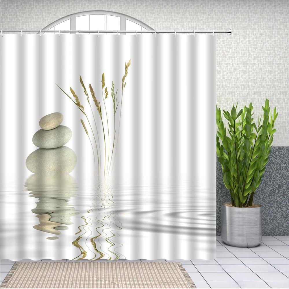 Stones And White Lotus In Water Shower Curtain Zen Spa White Bathroom Waterproof Extra Long Polyester Fabric For Bathtub Decor