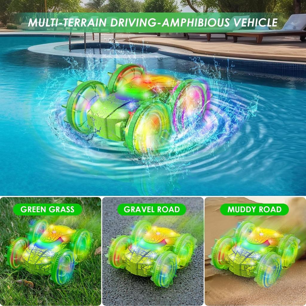 Amphibious RC Car with Lights for Kids 6-12 Year Old,2.4 GHz Remote Control Boat RC Monster Truck 4WD Vehicle Gifts,Waterproof Hand Controlled Boat