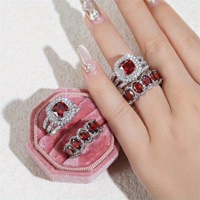 2 Pcs/set Silvery Color Red Stone Ring Set Wedding Band Valentine's Day Jewelry