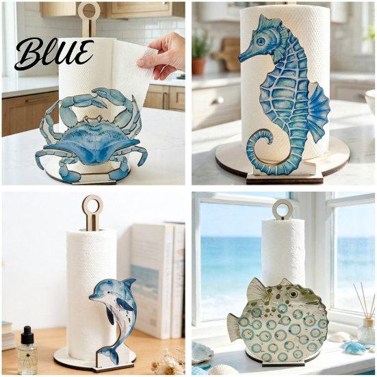 Paper Towel Holder Solid Wood Design Style Ocean with Seahorse Vertical Holder Kitchen Roll Stand Durable Wooden Crab Sailboat