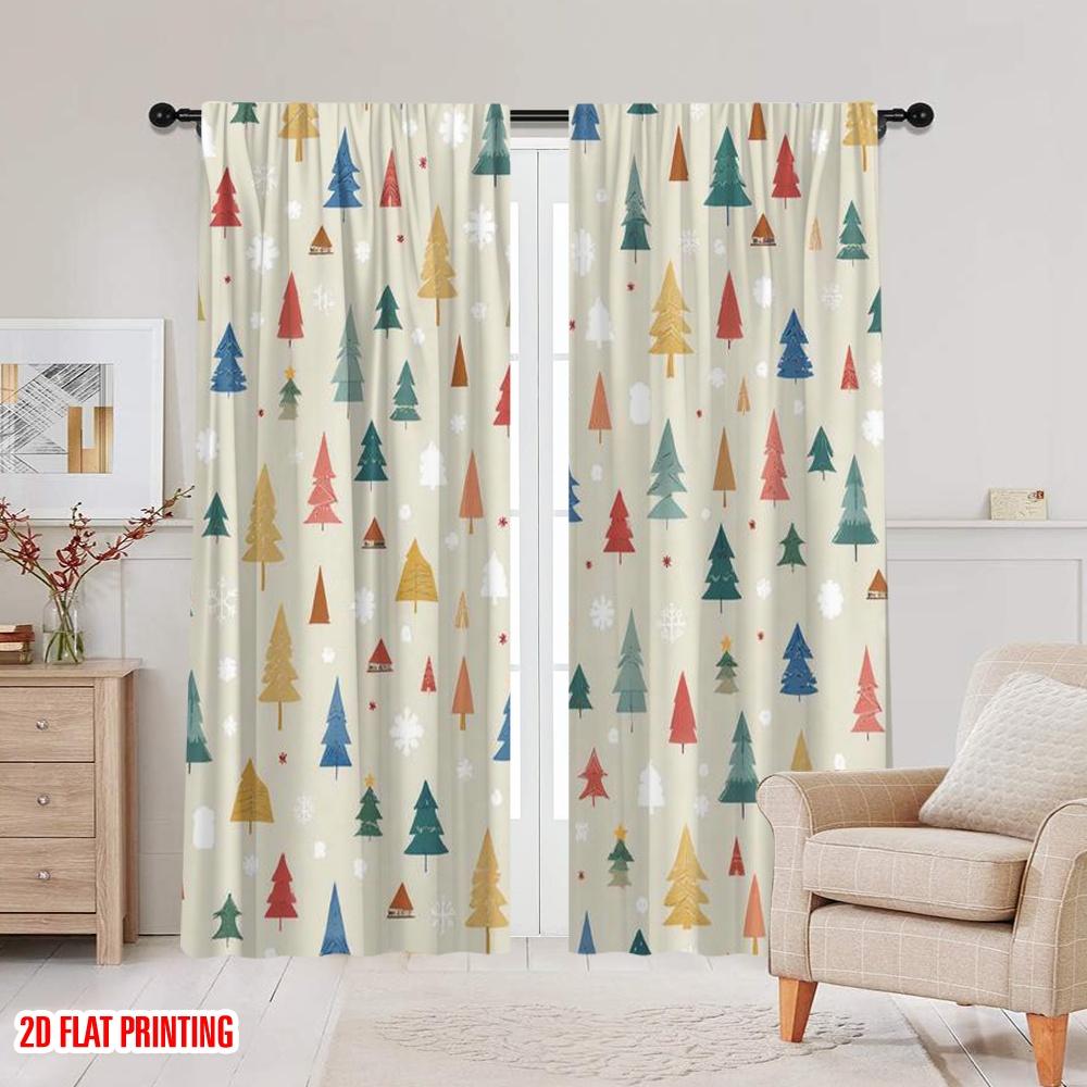 2pcs 2D flat printing Merry Christmas Curtain Forest and Snow Durable 100% Polyester Fabric Without Electricity Festive Holiday