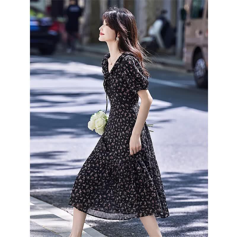French Romantic Floral V-Neck A-Line Midi Dress
