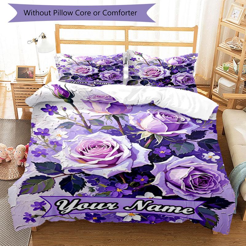 3PC Custom Name Purple Roses Garden Bedding Set Duvet Cover Closure Includes 1 Duvet Cover & 2 Pillowcases for Bedroom