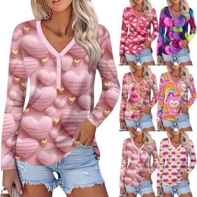 Women's Valentine's Day Love Heart Print Fashion Casual Long Sleeve V-Neck Button Neck Top