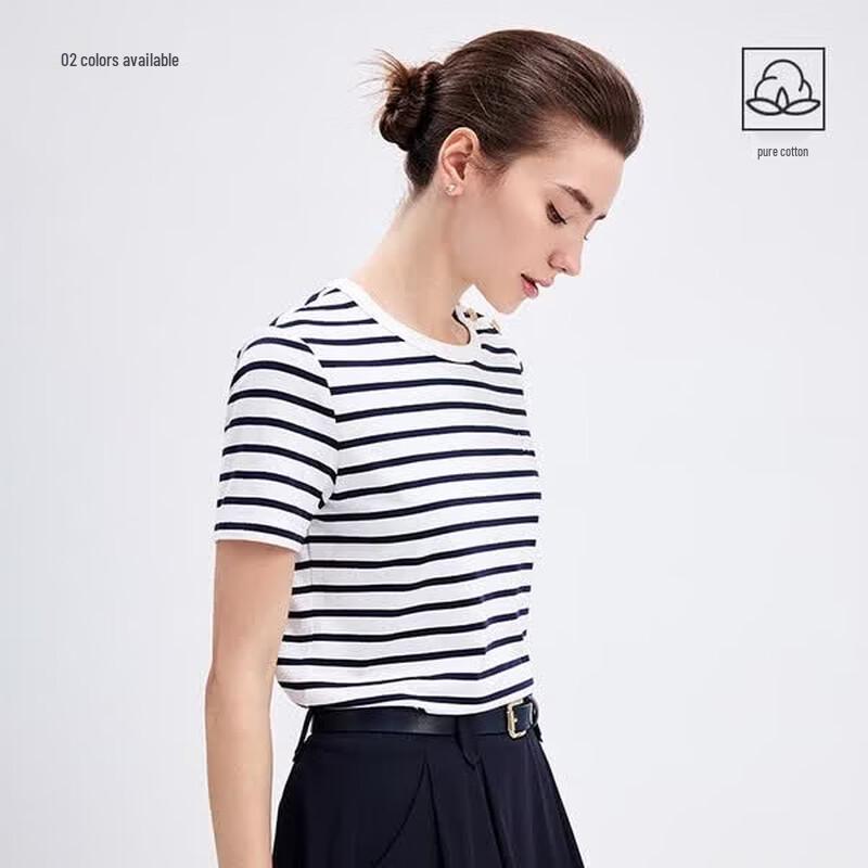 Navigare Women's 100% Cotton Striped Crew Neck Short Sleeve T-Shirt