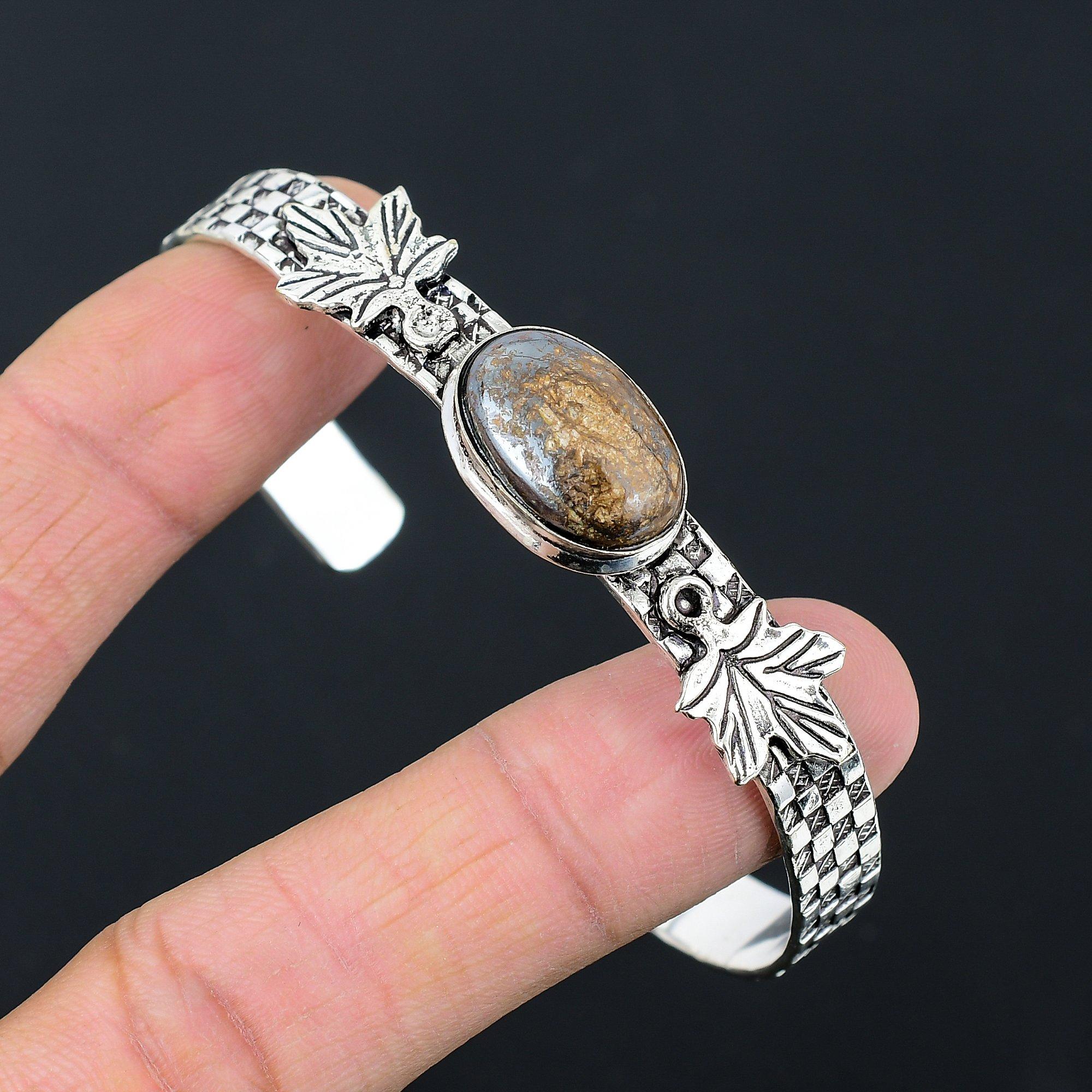 

День сестер Распродажа Браслет-бангал из стерлингового серебра 925 пробы с камнем бронзит, этнический, для жены Adjustable