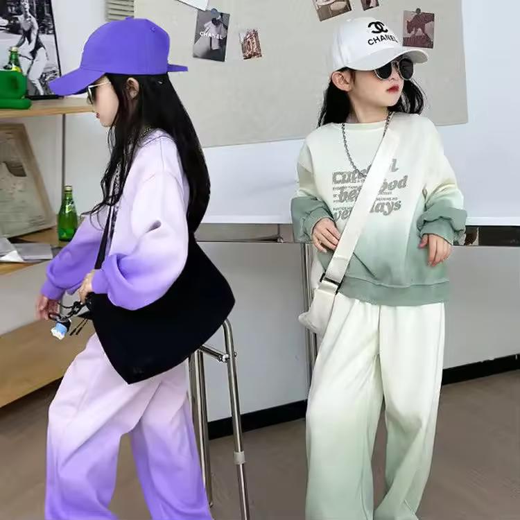 Spring Autumn Girls Kids Tracksuit Children Set Cloth Loose Gradient Sweatshirt Hooded + Wide Leg Pant Suit Teens 4 8 10 12 Year