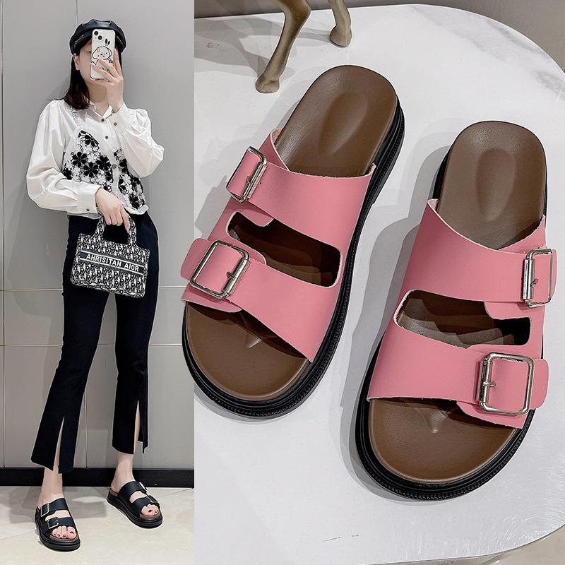 Summer Slippers Women's Outer Wear New Flat-bottomed One-character Square Buckle Thick-soled Beach Women's Shoes Cool Slippers Women's