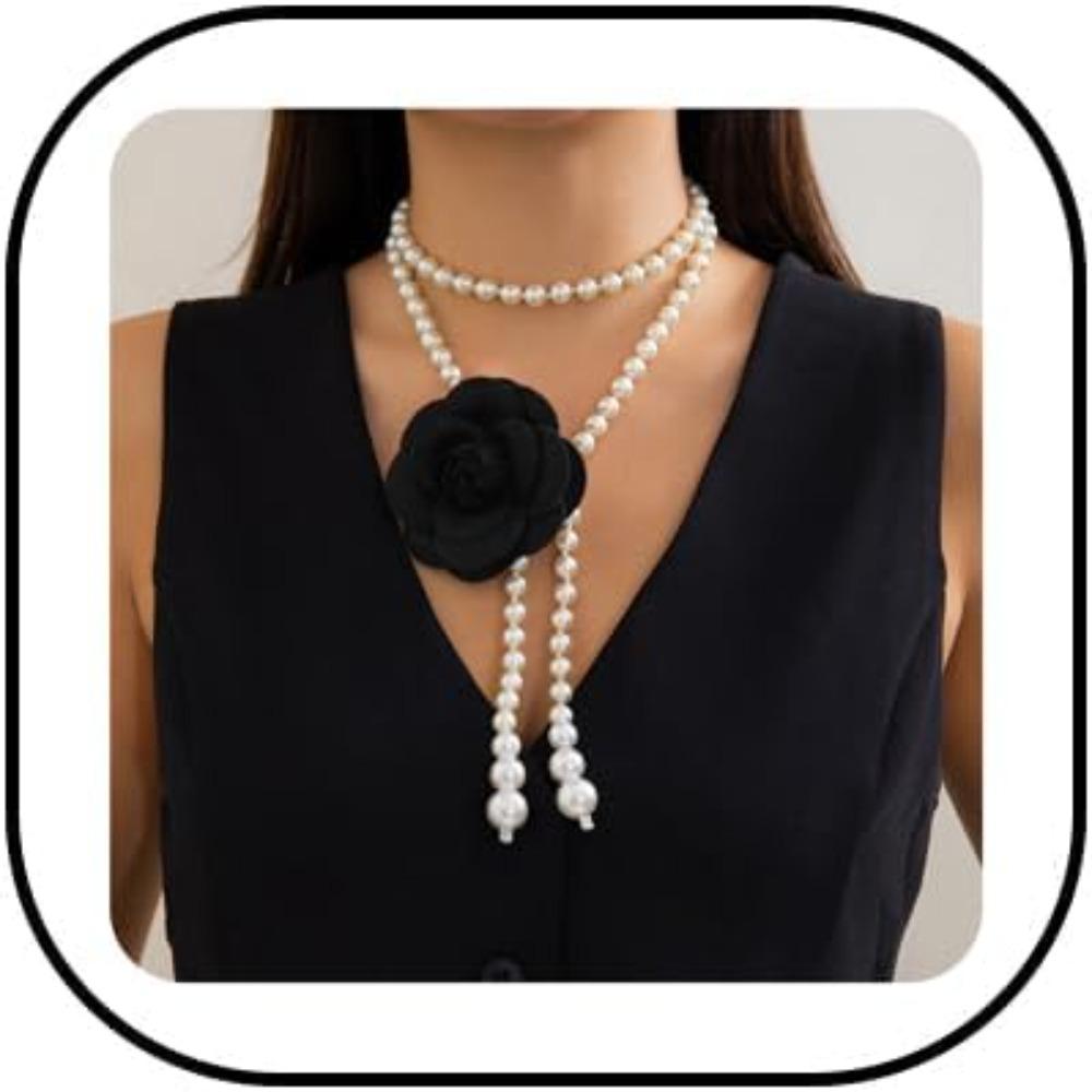 Camellia Pearl Necklace Multilayer Pearl Wrapping Choker Necklace Black White Camellia Flower Choker Long Tassel Pearls Pendant Necklace