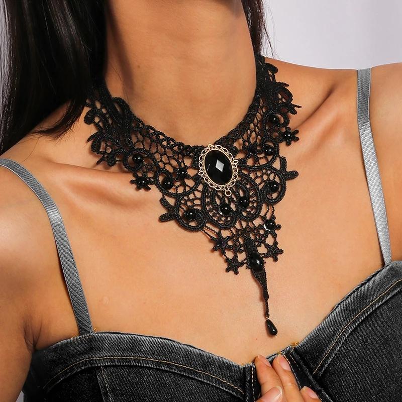 Gothic Black Lace Necklace for Women Steampunk Water Drop Choker Necklaces Girls Party Jewelry Gift