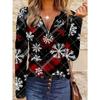 Christmas Style Snowflake Plaid Zipper Long-sleeved Top for Women, Fashionable V-neck Slim Fit T-shirt for Daily Holiday Wear