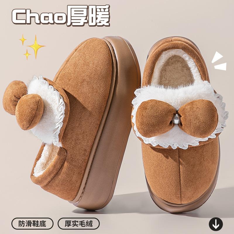 Bow Cotton Slippers Women's Autumn and Winter New Thick Bottom Outer Wear Velvet Warm Household Non-slip Cotton Drag Women