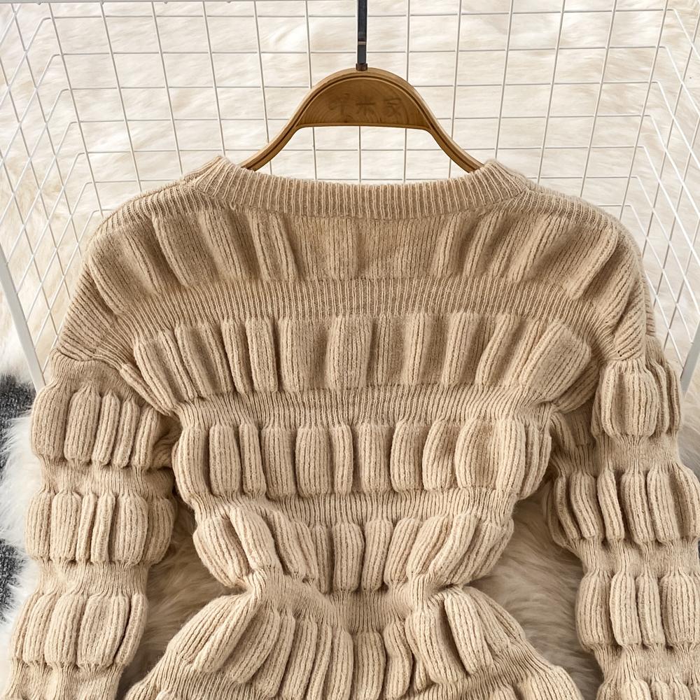 Podzim Zima Záhyby Pletený svetr Šaty Ženy Móda Ležérní Jednobarevné Plný Rukáv Mini Krátké Úplety