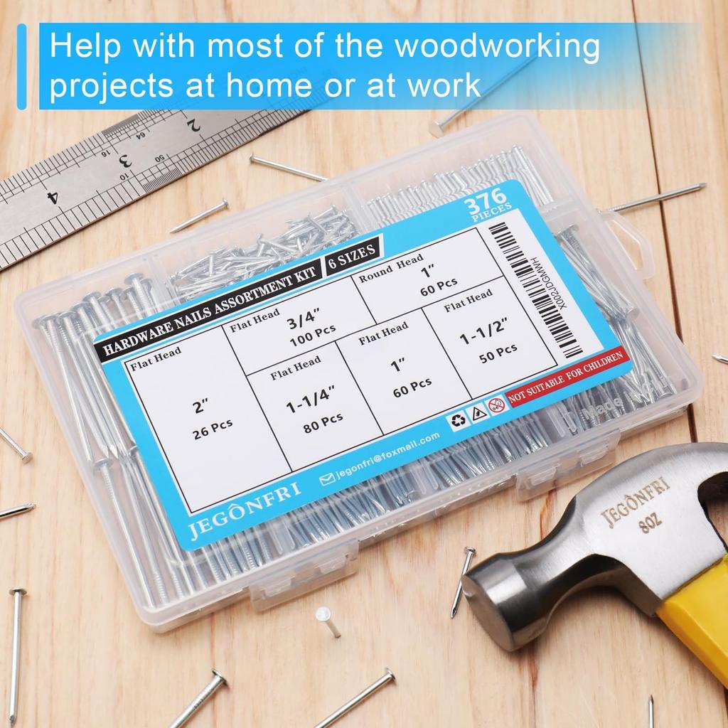 376Pcs Round Nails Woodworking Iron Nails Household Long Cement Wall Foreign Floor Nails Set with Plastic Box