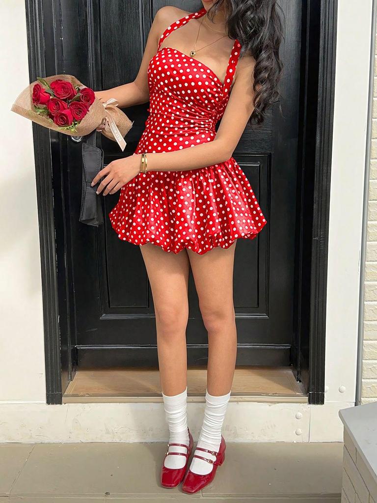 2025 Summer European & American Polka Dot Halter Backless Dress - Sexy Slim Fit Short Skirt