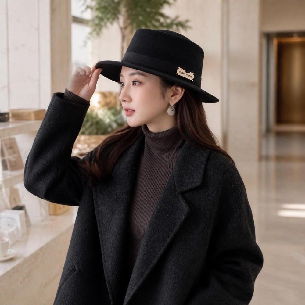 Structured Crown Flat-Top Fedora Hat Wool Felt Retro Lady Hat  Autumn Winter Daily Wear