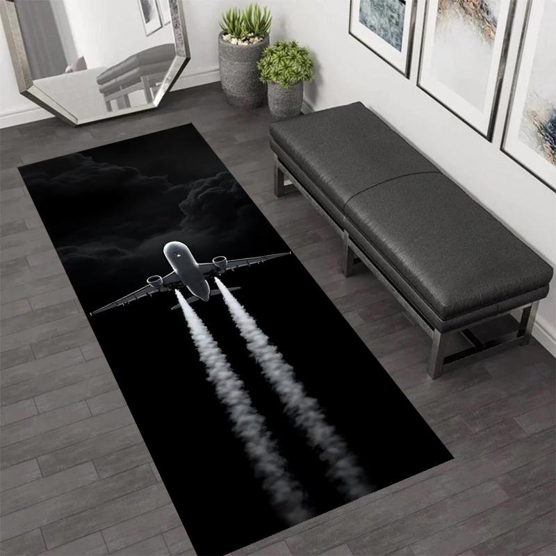 Modern Aviation Themed Airplane Contrails Runner Rug Anti-slip Soft Washable Carpet for Hallway Entryway Living Room Decor