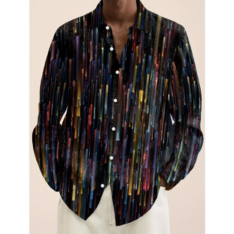 Retro Colorful Striped Gradient Print Men s Button Up Long Sleeve Shirt S