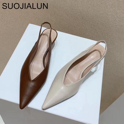 Fashion SUOJIALUN Fashion Brand Sandals Mules Women Shallow Mouth Pointed Toe Shoes Low Heel Slip On Slides Slipper Shoes