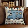 1Pc Happy Campers Rv With Owls Printed Throw Pillow Cover,Suitable For Sofa,Bedroom,Living Room,Fun Gift For Camping Enthusiasts
