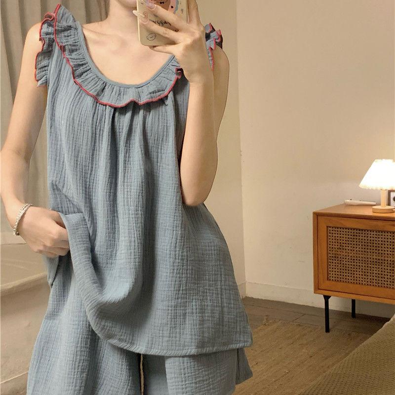 Pajama Women's Summer Minimalist Suspender Thin Ruffled Edge Home Suit Two-piece Set