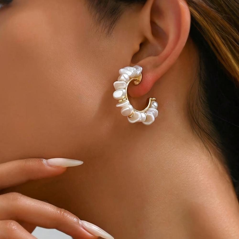 Gold Color Pearl Hoop Earrings Imitation Pearl Jewelry  for Women Party Daily Wear