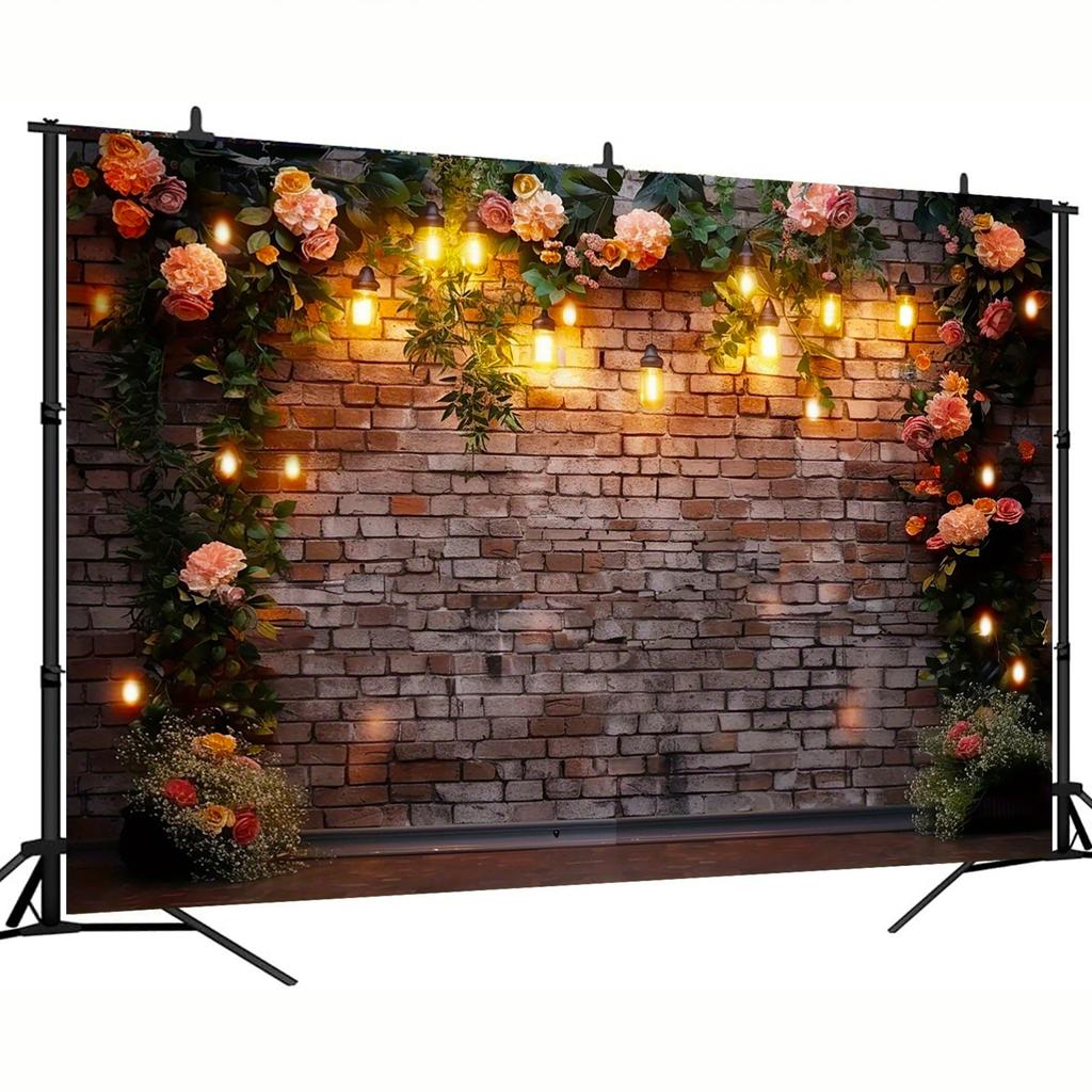 Rustic Brick Wall With Warm Lights And Pink Roses Tapestry Wall Hanging Forwedding Party Decorromantic Floral Art Print Backdrop