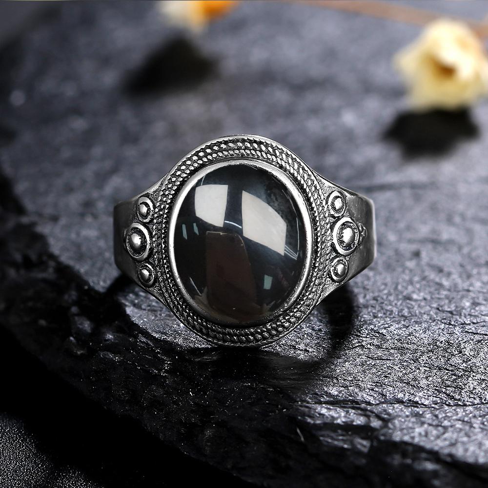 S Silver Ring for Women Oval Round Natural Black Agate Ring Gift Sun Shaped Retro Luxury Fine