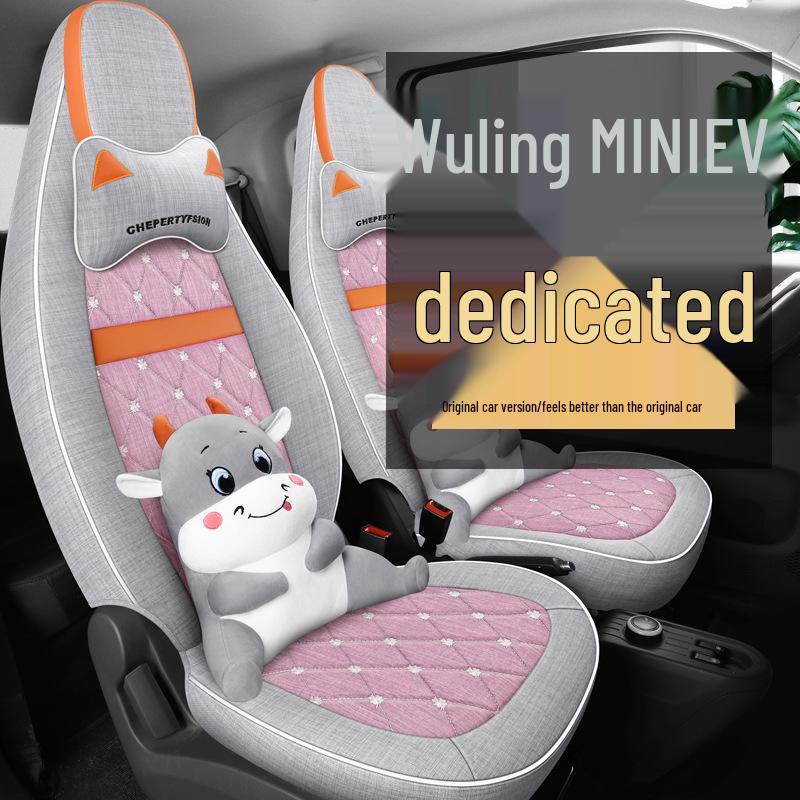 Cartoon Linen Seat Cover for Wuling Hongguang MiniEV Macaron – Full Wrap Interior Cushion