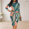 Kadın Plus Beden Yuvarlak Yaka Uzun Kollu Geometrik Desenli Bodycon Midi Elbise