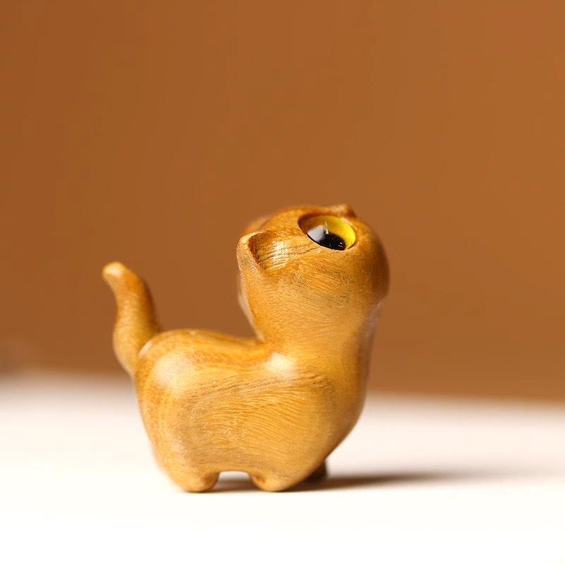 Geschnitztes Grünes Sandelholz Niedliche Katze Figur – Kreatives Hölzernes Tier Souvenir Geschenk