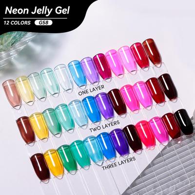 12colors Neon Jelly Gel Nail Polish Collection Translucent Jelly Gel UV/LED Nail Art Gel for Professional Nail Salon and Women Gifts