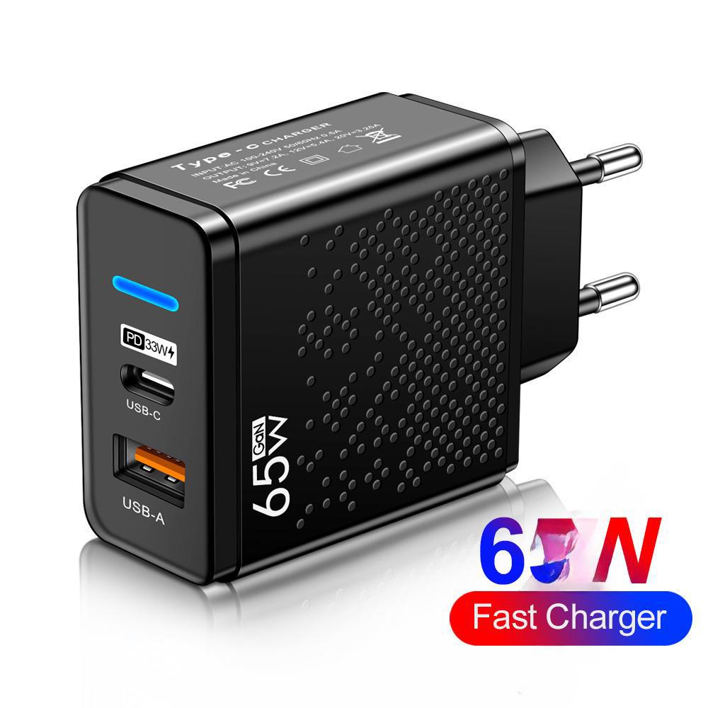 65W Multi-Port USB-C/PD Charger with LED for US, EU, UK - Slow Charge Mobile Devices