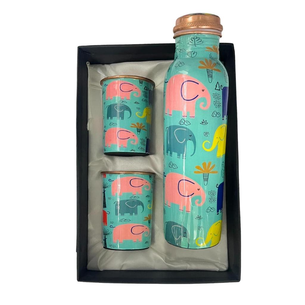 Copper Water Bottle 1 Ltr | Copper Water Bottle with Glass Set | Meena Work | 100% Pure | Leak-Proof | 2 Water Glass 300ml each