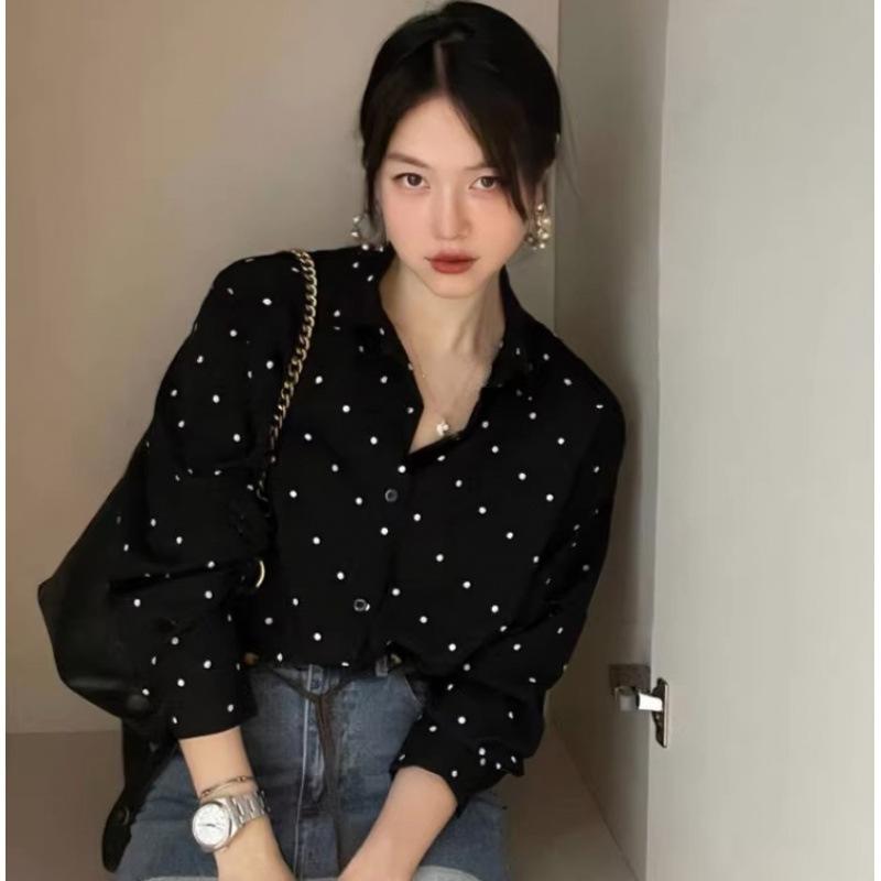 Women Polka Dot Printed Blouse Long Sleeve Loose Turn Down Collar Ladies Shirts