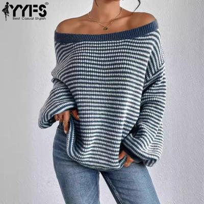 Damenmode Casual Herbst Winter Streifendruck Langarm One-Shoulder Pullover